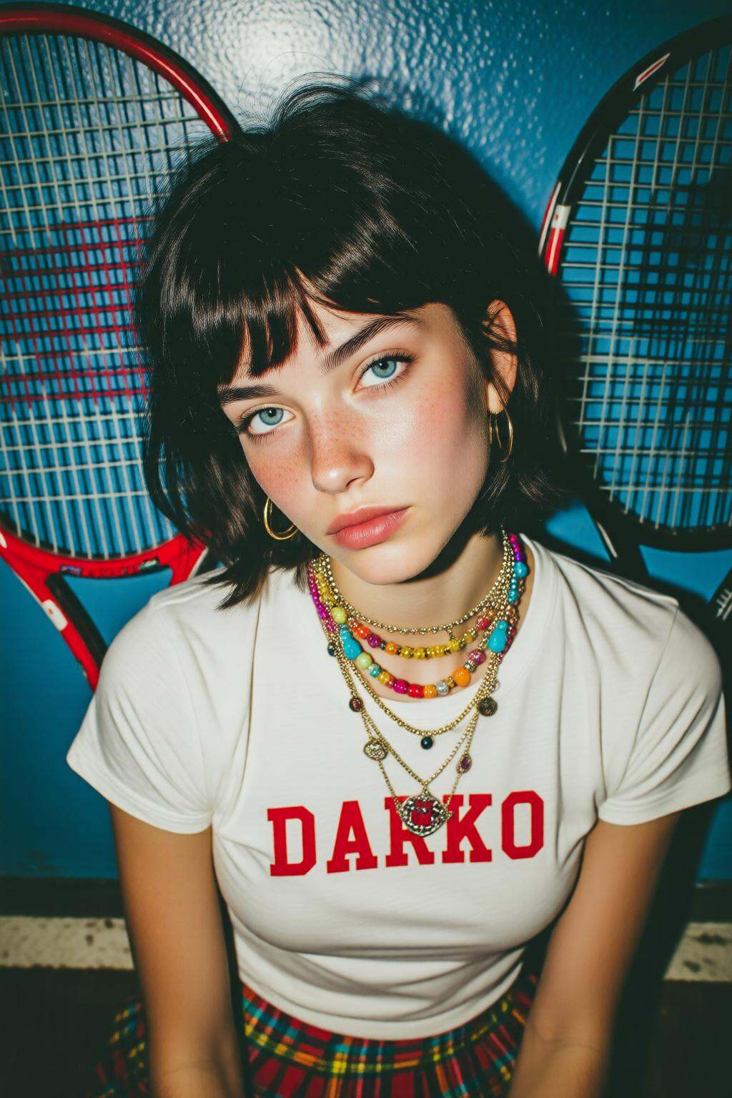 midjourneymix10q photographShot from above,  close-up of a Slavic teenager with short,  dark wavy hair and blue eyes is we...