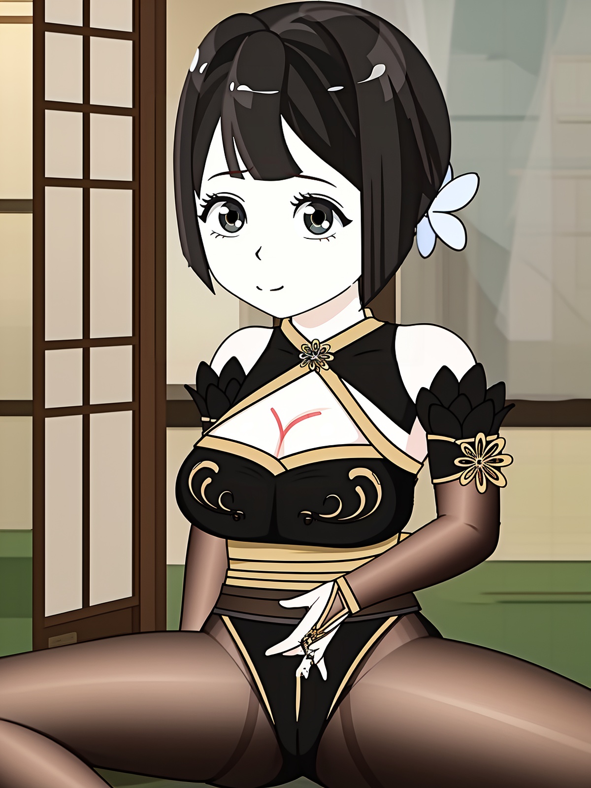 (best quality,masterpiece:1.2),ultra detailed,8k,RAW photo,realistic,photorealistic,realistic,ultra-detailed,intricate detail,extremely detailed,delicate pattern,shiny skin,shiny clothes,shiny,looking at viewer,indoors,<lora:C_DIY_黄蓉_DEC_:0.8>,child,1girl,solo,black hair,hair ornament,short hair,black eyes,hair flower,bangs,flower,bare shoulders,detached sleeves,halterneck,cleavage cutout,clothing cutout,bridal gauntlets,chinese clothes,pantyhose,sitting,spread legs, 