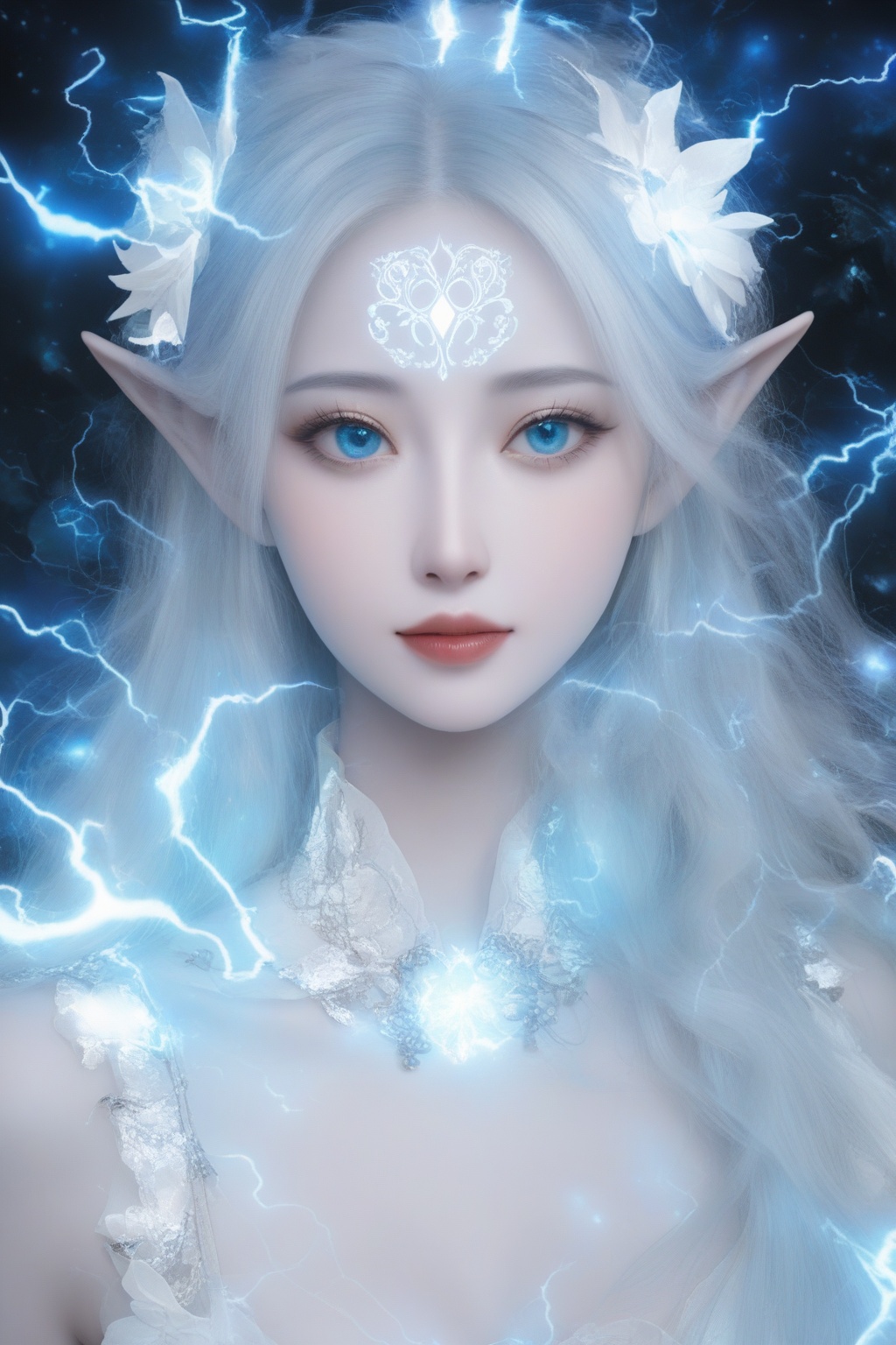 Create a highly detailed close-up image of a fantasy elf’s face, blending elements of cinematic art and modern digital design. Her pale skin glows with a soft, ethereal light, intricately adorned with golden, cracked patterns that evoke the delicate art of kintsugi, tracing along her features with a mystical glow. These patterns intertwine with neon tattoos, forming geometric shapes that pulse with a magical energy. Her large, mesmerizing eyes shift between shades of deep teal and oceanic blue, as if holding the mysteries of the sea within them, drawing the viewer into her intense, calm gaze. ..,(her hand crackling with huge electricity power as she gazes directly at the camera))