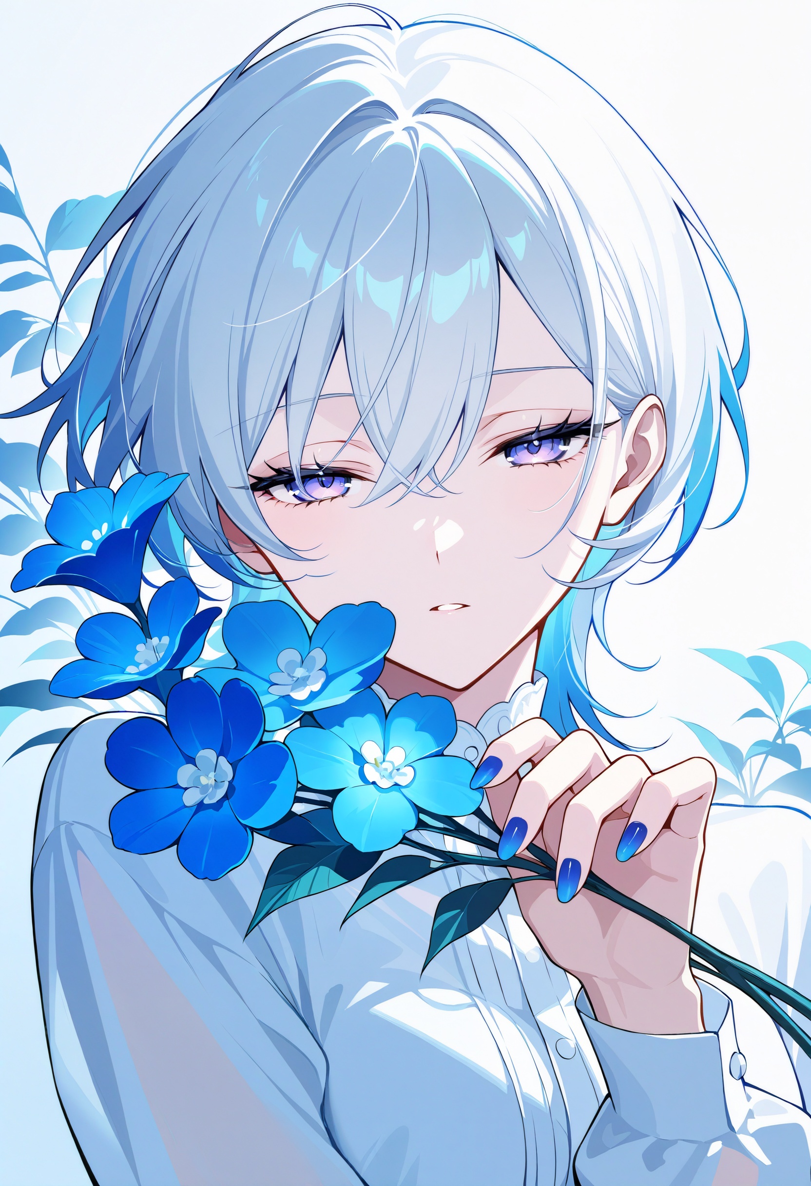 1girl,  looking at viewer,  holding a big blue flower on Tensor.Art