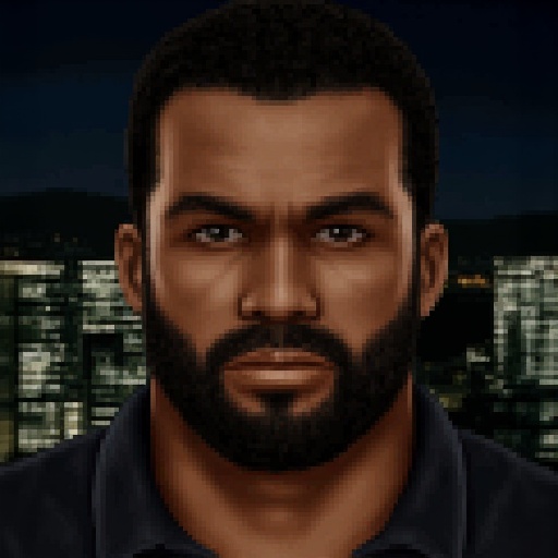 JA2 style portrait featuring a detailed rendering of a man with a dark complexion and short,  curly black hair. He has a s...