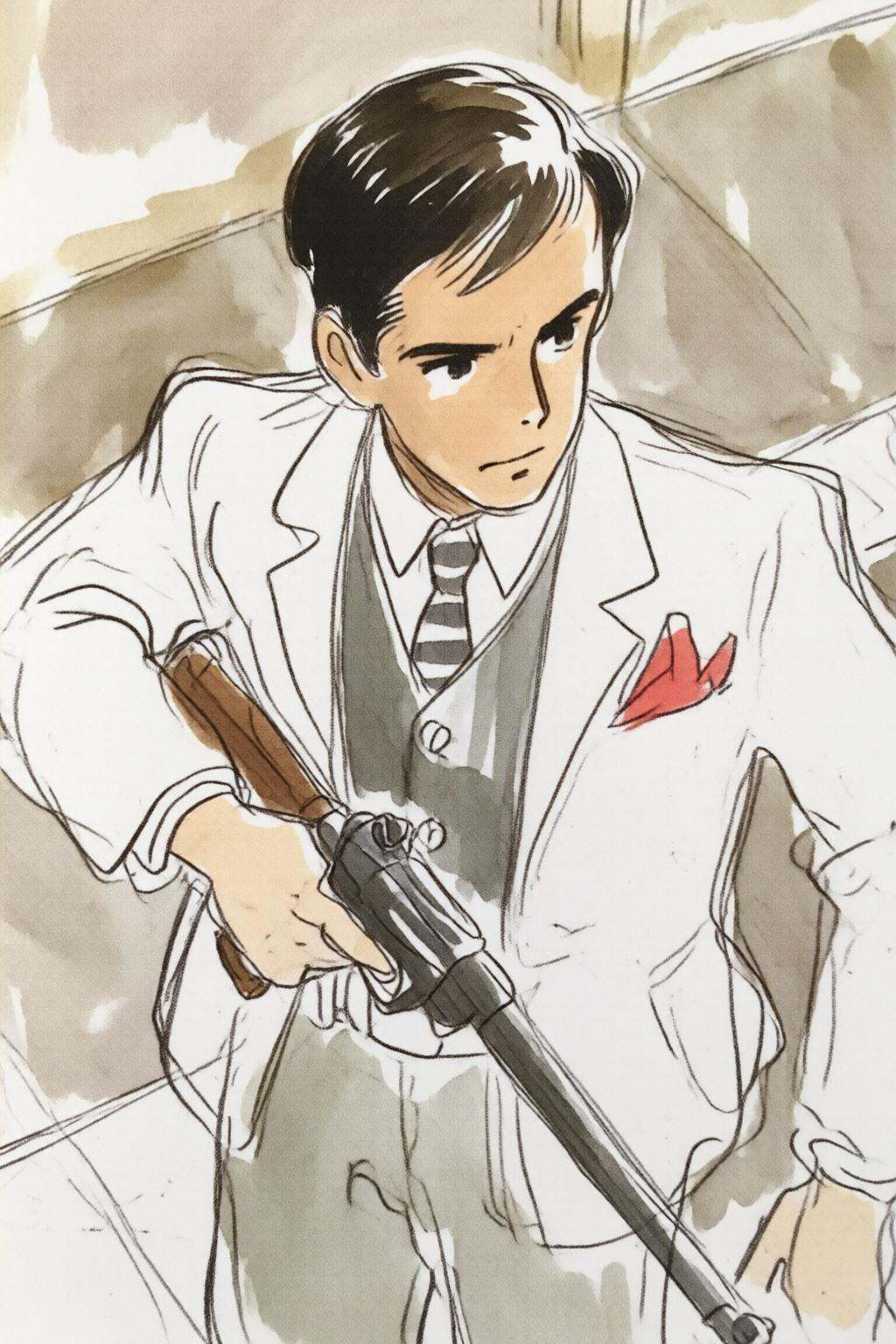 hayaomiyazaki3q illustration.High angle view of a man with slick back hair,  holding a gun. He is dressed in a formal suit...