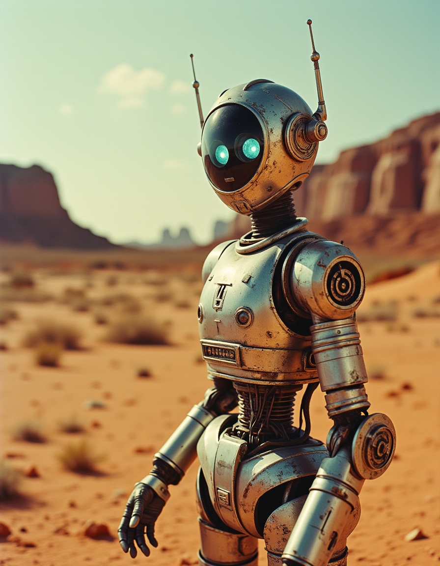 Vintage Sci-fi .In the middle of a scorching,  endless desert,  an android stands still on Tensor.Art