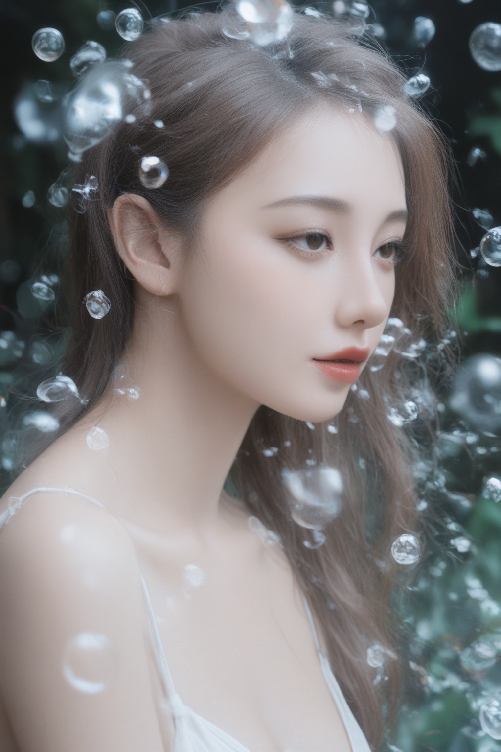 (ultra realistic,best quality),photorealistic,Extremely Realistic,in depth,hubg_jsnh,cinematic light,hubggirl,She is stylish and glamorous with her long hair and delicate features,surrounded by surreal floating water bubbles,splash detailed,surreal dramatic lighting shadow (lofi, analog),kodak film by Brandon Woelfel Ryan McGinley,moment eyes,beautiful face,sexy girl,mid body,intricate background,realism,realistic,raw,analog,portrait,photorealistic,
