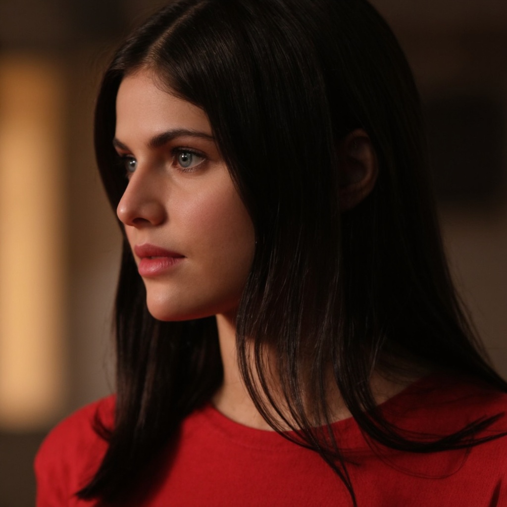 A close-up portrait of alexandra_daddario with long,  straight black hair. She wears a red top,  and her gaze is directed...