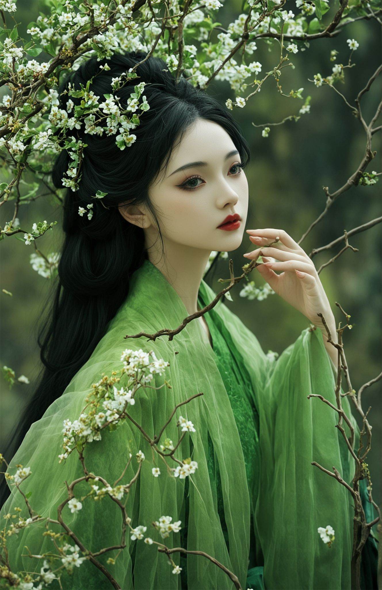 score_9,score_8_up,score_7_up,score_6_up,score_5_up,xiexinghanfu,a traditional Chinese garment,is depicted in this surreal and enchanting image. The figure is adorned in a flowing,emerald green hanfu with delicate floral patterns and embellishments,suggesting a connection to nature and springtime. Her long,dark hair cascades down her back,further emphasizing the garment's elegance and the richness of the fabric. The surrounding environment is equally captivating,with moss-covered wooden planks and blossoming branches that seem to merge with the figure,creating a harmonious and mystical tableau.,