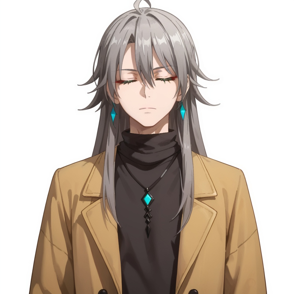 (white background:1.2),looking at viewer,(SOLO:1.4),outline,simple background,upper body, cowboy shot,looking at viewer,(((arms at side))),  su, long hair, 1boy, male focus, jewelry, closed mouth, closed eyes, grey hair, necklace, bracelet, sweater, turtleneck, multicolored hair, hair between eyes, coat, jacket, earrings, streaked hair, belt, hair stick, hair ornament, black shirt<lora:su-黄金庭院-大衣:0.8>