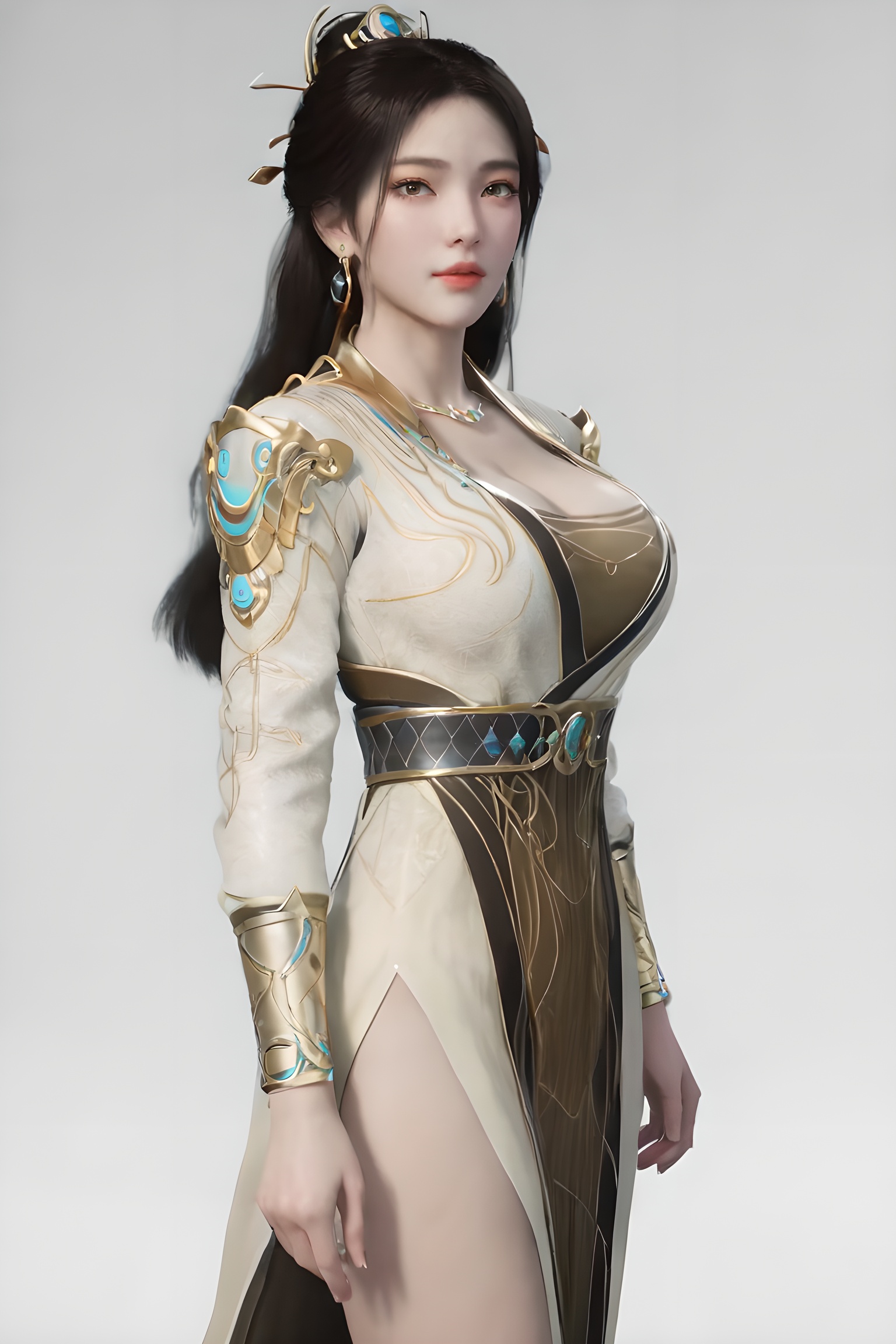 score_9,score_8_up,score_7_up,incredibly absurdres,<lora:SF_YaoXi_Pony-000002:0.7>,1girl,solo,dress,large breasts,full_shot,lips,jewelry,earring,long hair,looking at viewer,white background,