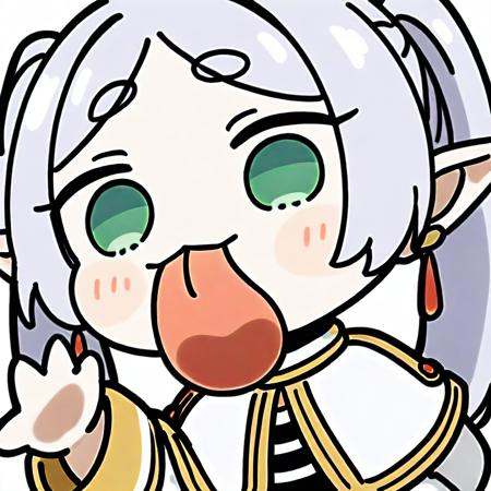 <lora:tongue out_ill-xl:1>,chibi,tongue,tongue out,upper body,waving,masterpiece,best quality,1girl,frieren,green eyes,grey hair,twintails,pointy ears,eyebrows,white capelet,long sleeves,earrings,striped shirt,arms behind back,smile,upper body,looking at viewer,solo,simple background,white background,