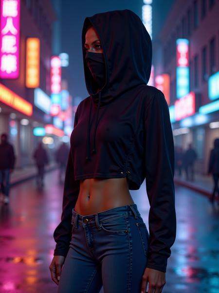 woman wearing mad-cbrpnkhd01 croptop,  hood up,  jeans on Tensor.Art