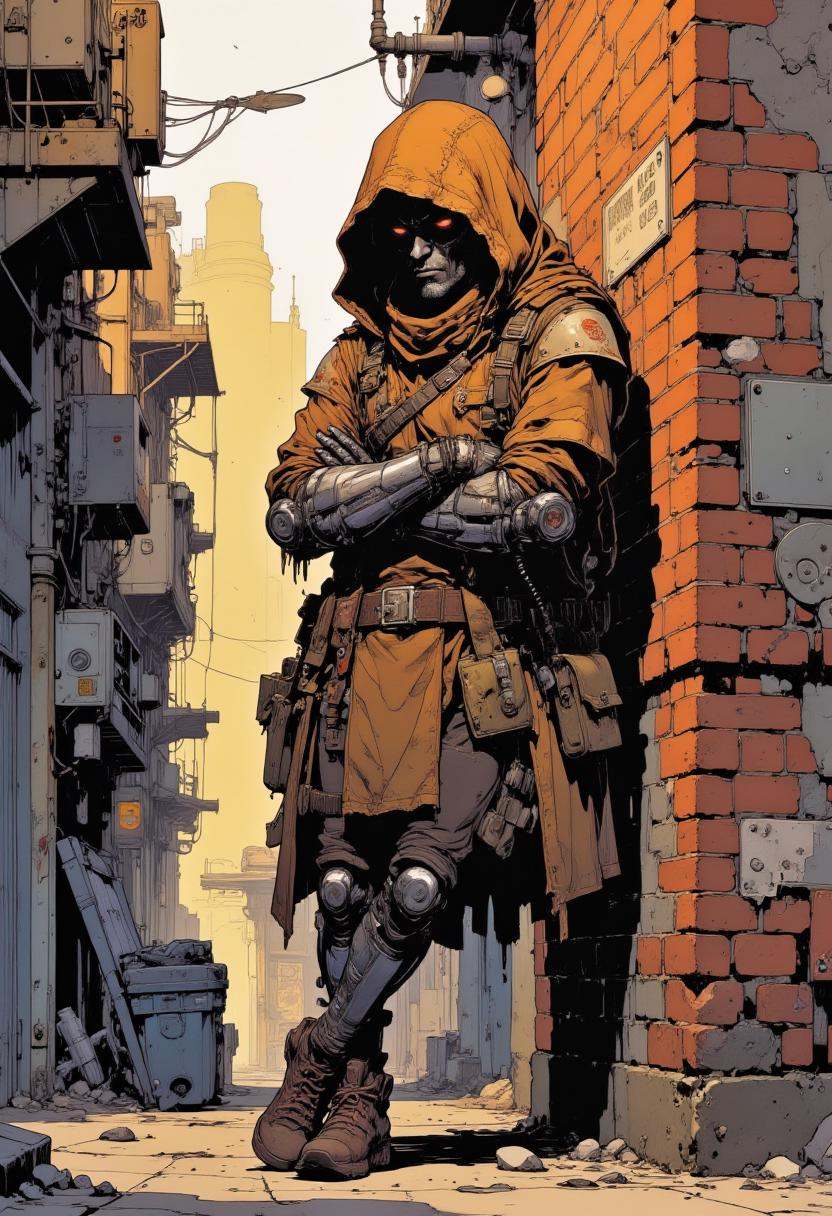 This is a digital drawing,  depicting a dystopian setting at early morning. The subject is a droid bounty hunter leaning o...
