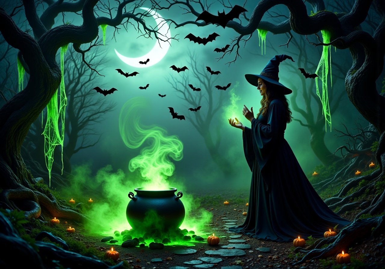 A witch’s enchanted forest: Gnarled trees twist toward the sky,  their branches draped with glowing cobwebs. In the cleari...