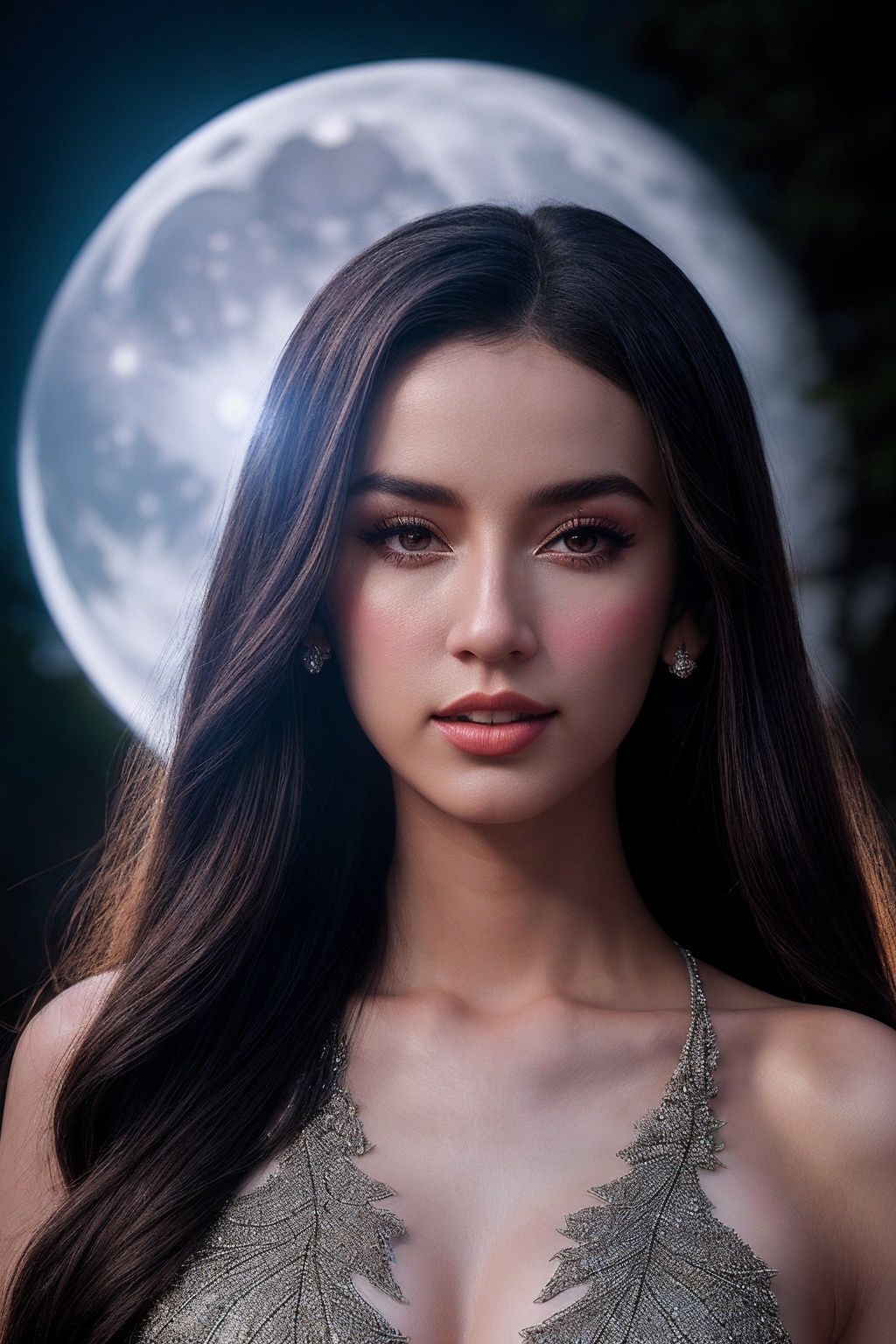 ArabellaSG_SoloTI_v1,  (In a flowing gown of silver silk,  adorned with celestial patterns and shimmering moonstones on Te...