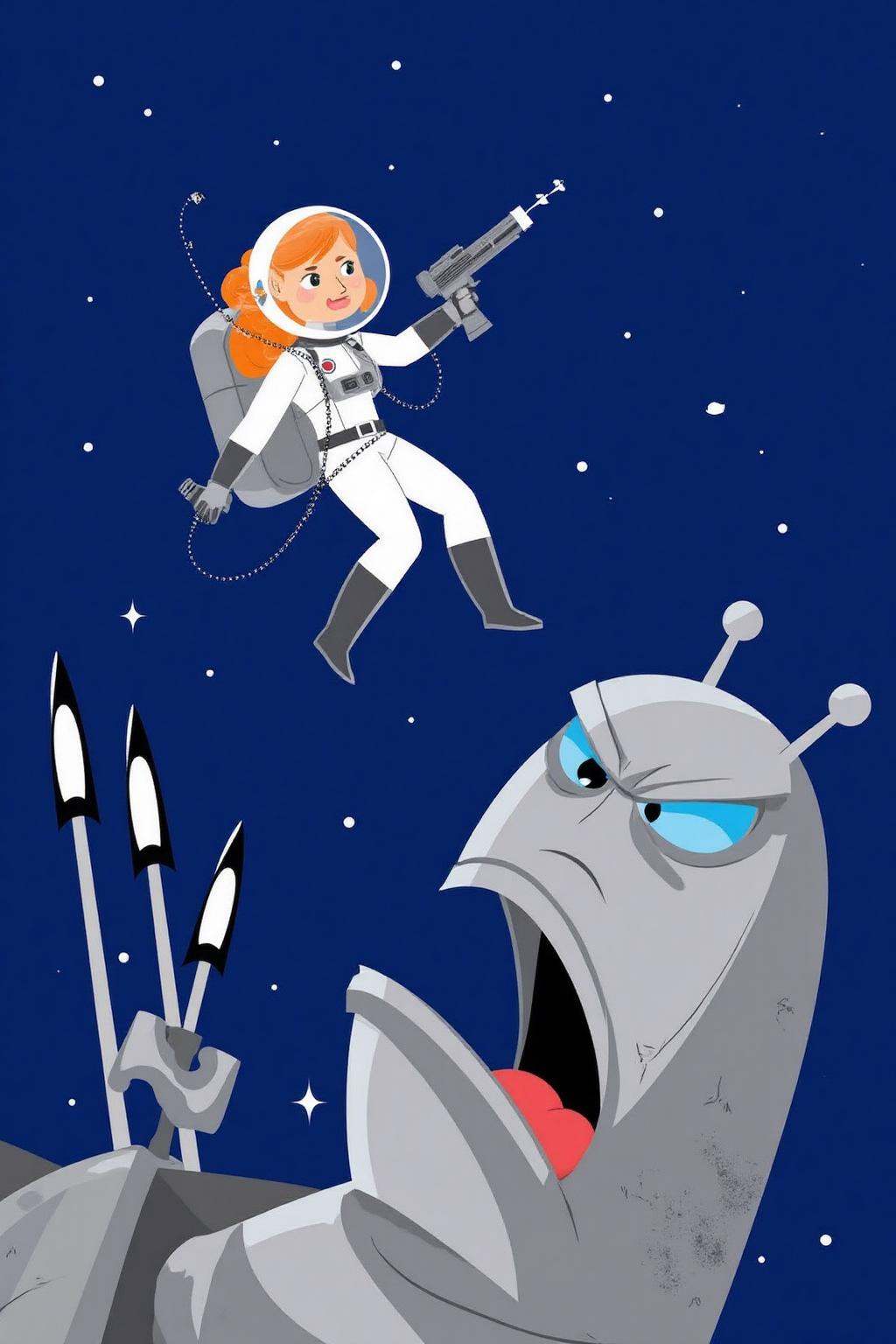 vector art.The image depicts a cartoon-style scene with a space-themed background. A female astronaut is shown mid-flight,...
