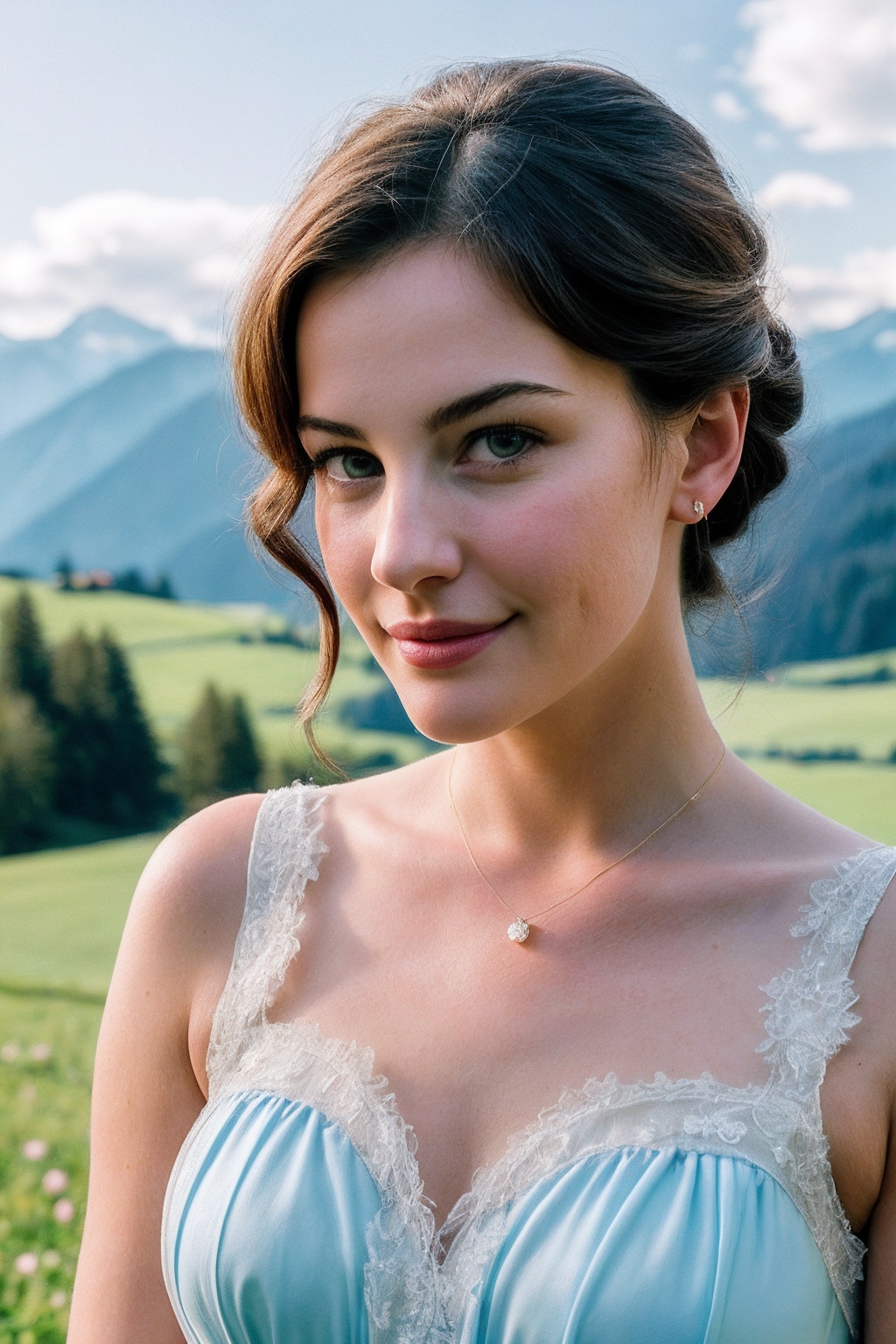 LivT_SoloTI_v1,  (In a charming dress of pastel blue and white,  adorned with simple floral patterns and a crisp apron on...