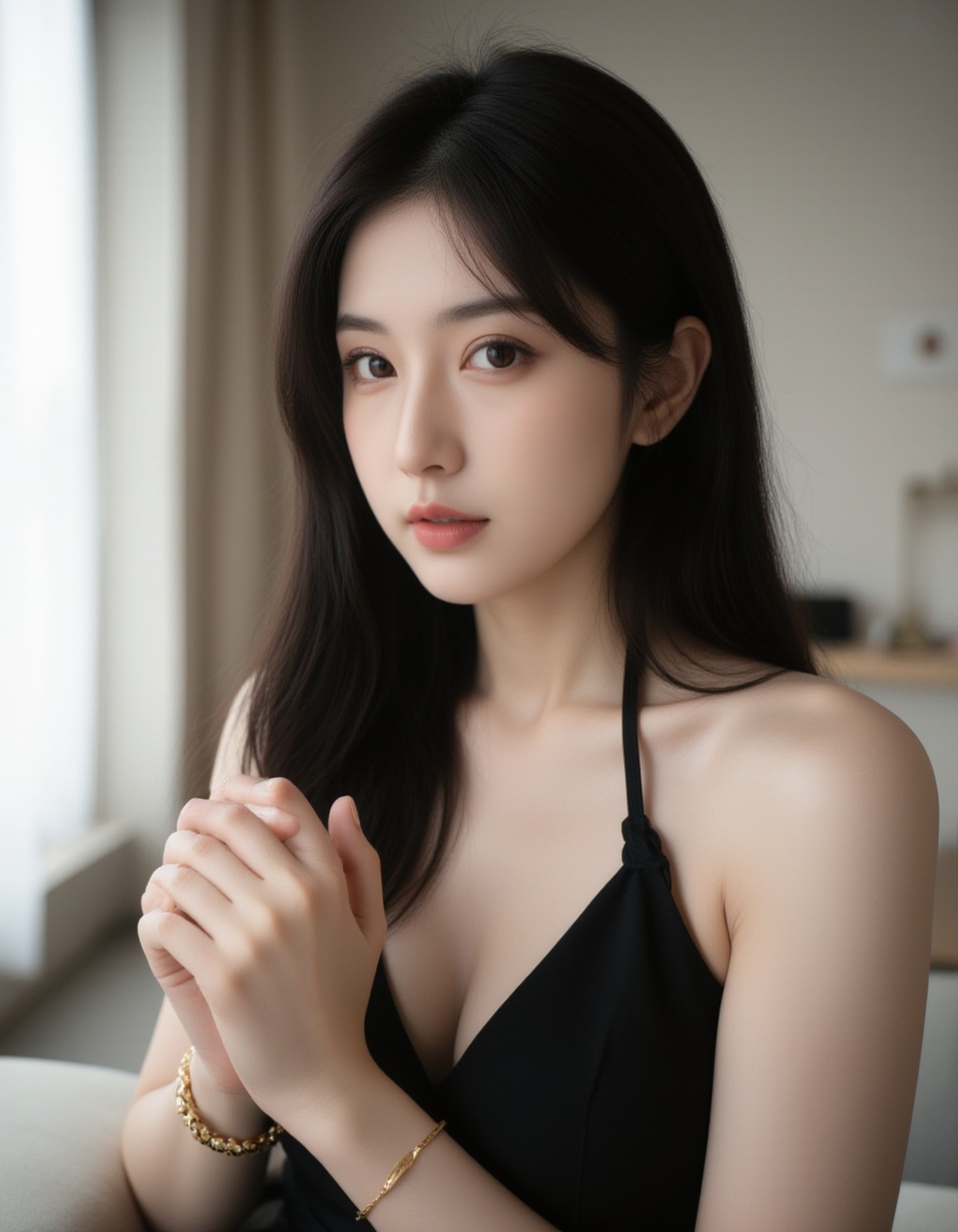 A high-quality photograph of a young woman with long,  straight black hair and fair skin. She has a slender physique and i...
