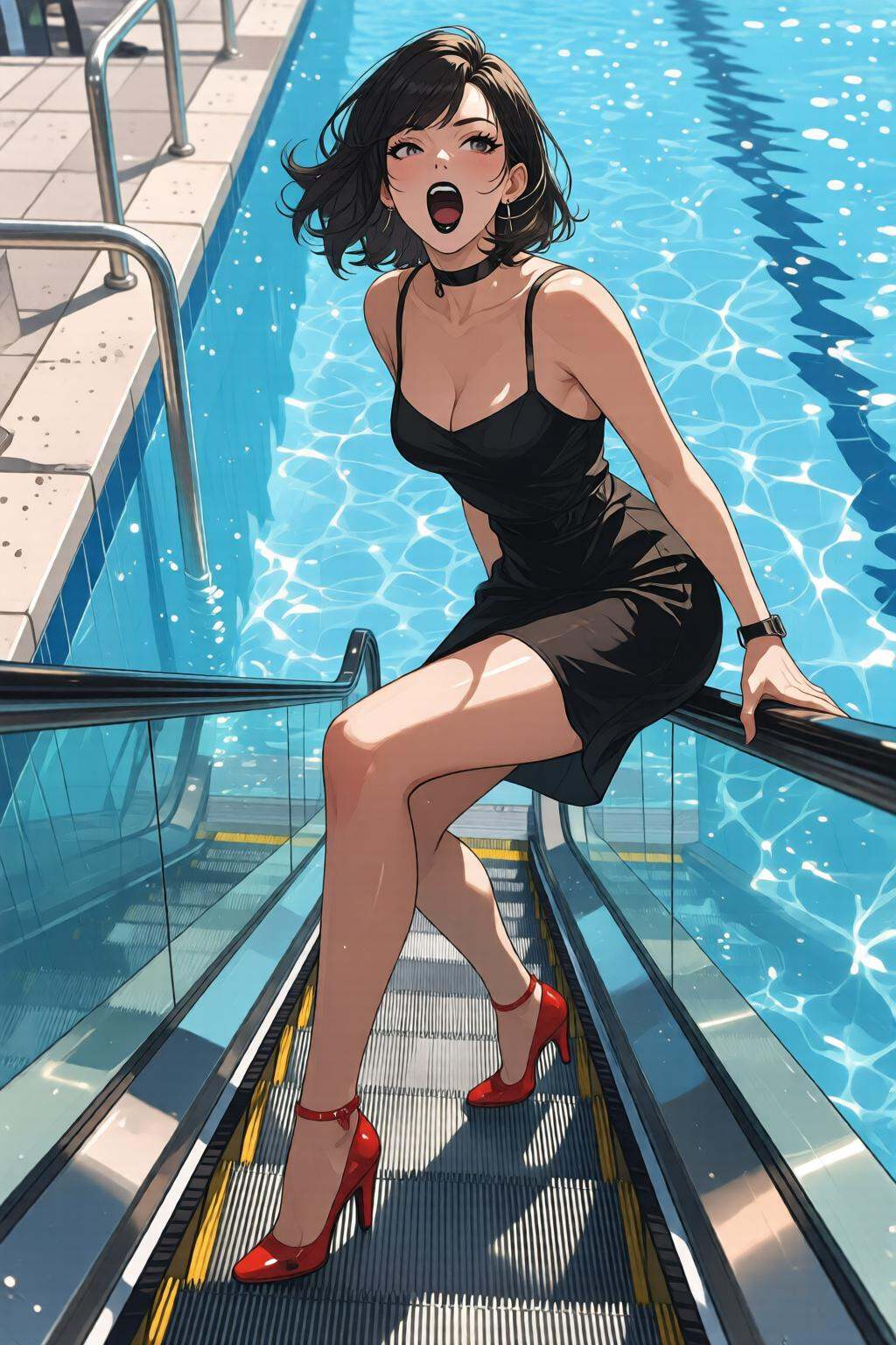 nijidigital3q anime illustration.A woman in a chic little black dress and red high heels,  gracefully descending an escala...