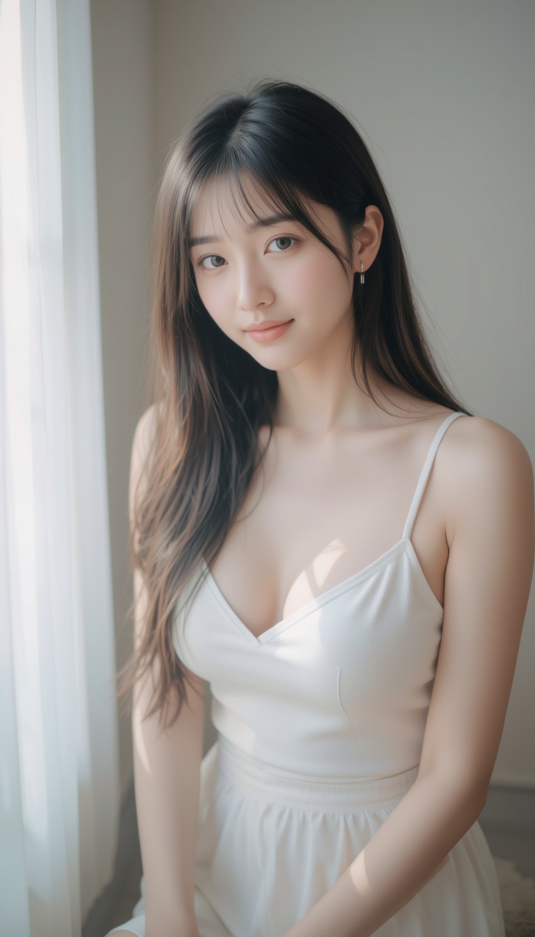A high-quality photograph of a young woman with long,  straight black hair and fair skin,  sitting in a well-lit room with...
