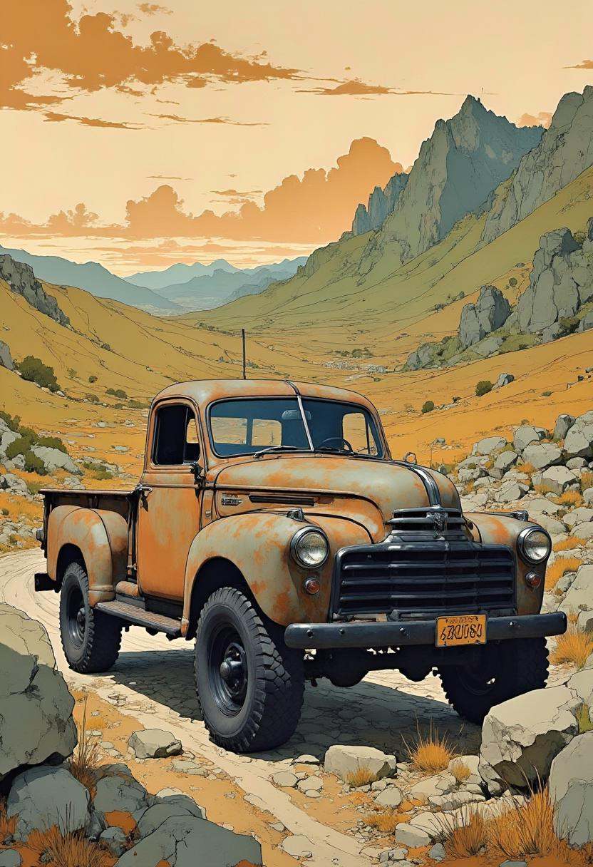 A digital drawing featuring a high-resolution drawing off-road pickup old rusty truck in a stunning natural landscape. The...