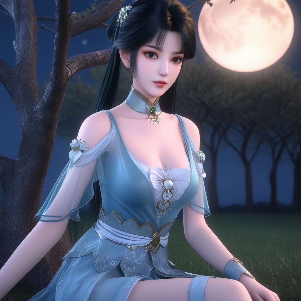 <lora:834-DA-XL-诛仙-碧瑶:0.8>, (,1girl, ,best quality, ),,  ,ultra realistic 8k cg, ,masterpiece, (( , )),, ,fiction,mole,,      ,(cleavage),,  (),  ,see-through, lace, (((, solo, moon, , bare_tree, )))(cleavage),(sit),