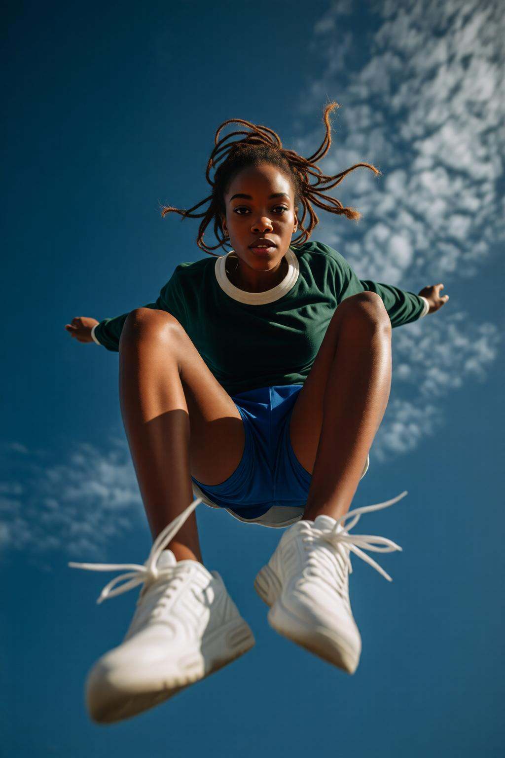 midjourneylowangle11q Low angle shot. An African American woman is wearing a green long-sleeve shirt,  blue shorts,  and w...