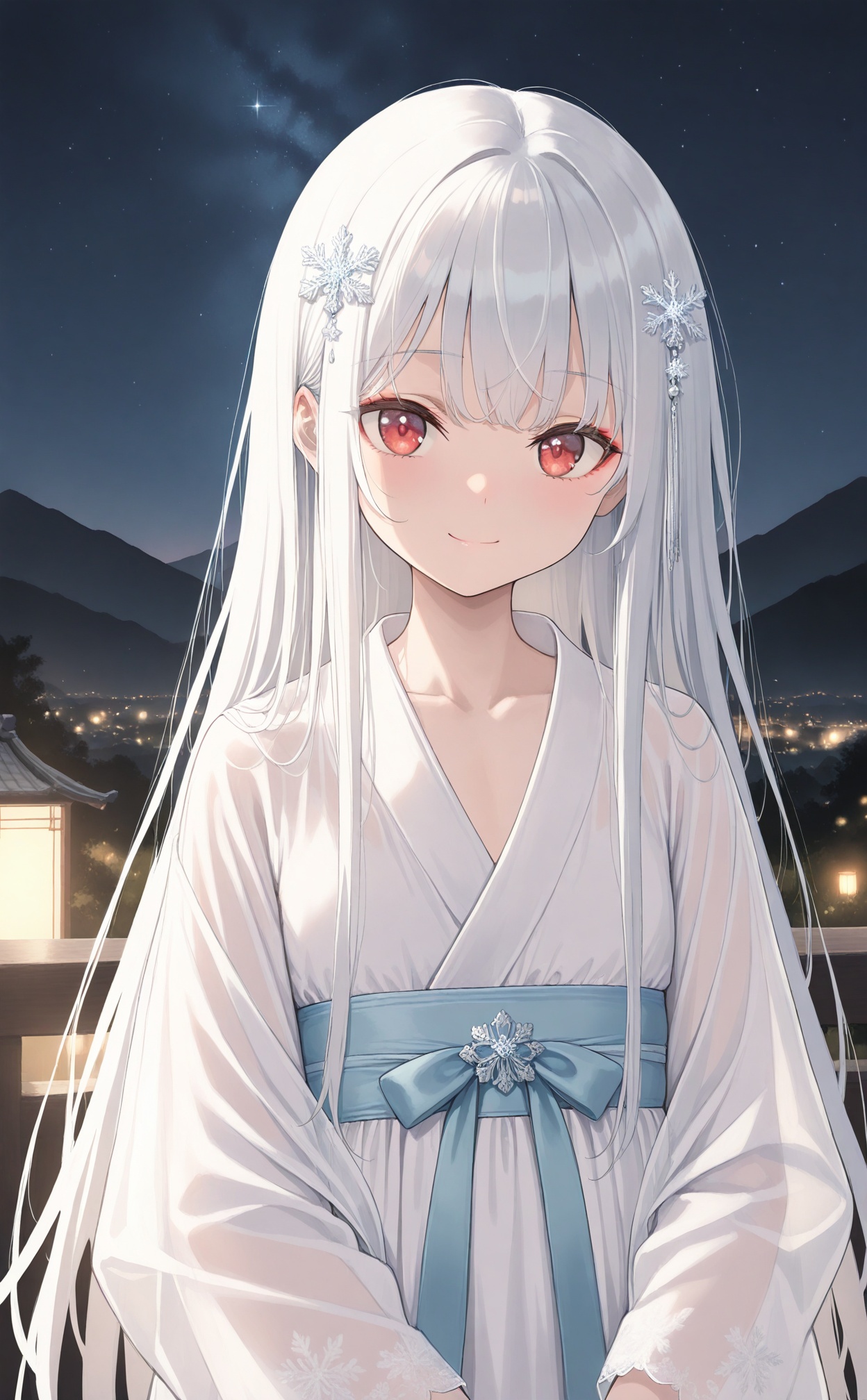 masterpiece,best quality,high quality,loli,night,1girl, solo, red eyes, long hair, smile, white hair, looking at viewer, hair ornament, hanfu, night, snowflake hair ornament, closed mouth, see-through, outdoors, sky, upper body, long sleeves, night sky, shawl, sash, white kimono, mountainous horizon, collarbone, chinese clothes, see-through sleeves, white robe, star (sky), very long hair, mountain