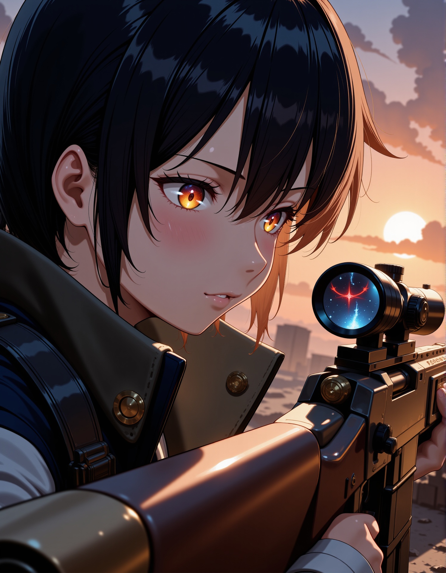 As the sun dips below the ravaged cityscape,  Captain Akira's gaze narrows,  her eyes fixed intently on the enemy strongho...
