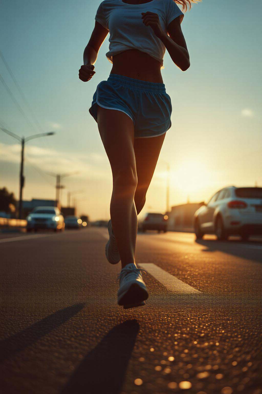 midjourneylowangle11q Low angle shot. A woman is running on a road during sunset. She is wearing a white crop top and blue...