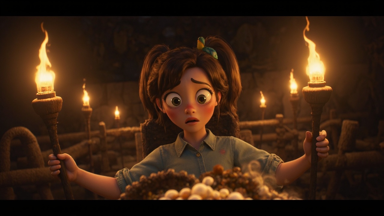 A young character stands amidst a dimly lit environment with torches casting a warm glow,  illuminating her curious and sl...