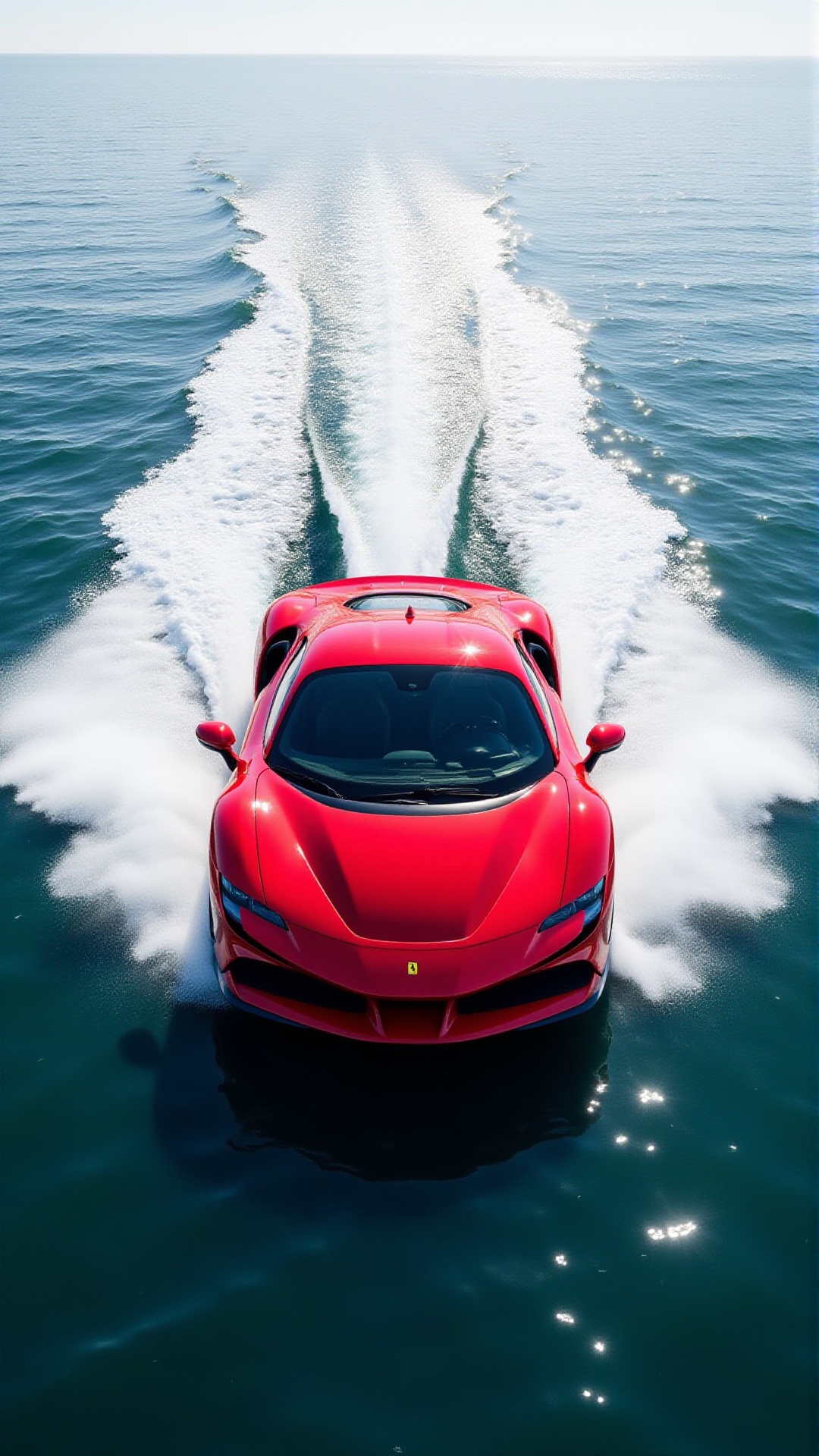 A front view of the aidmaFerrariSF90 racing across a shimmering sea,  with water parting around the car as if it were a sp...