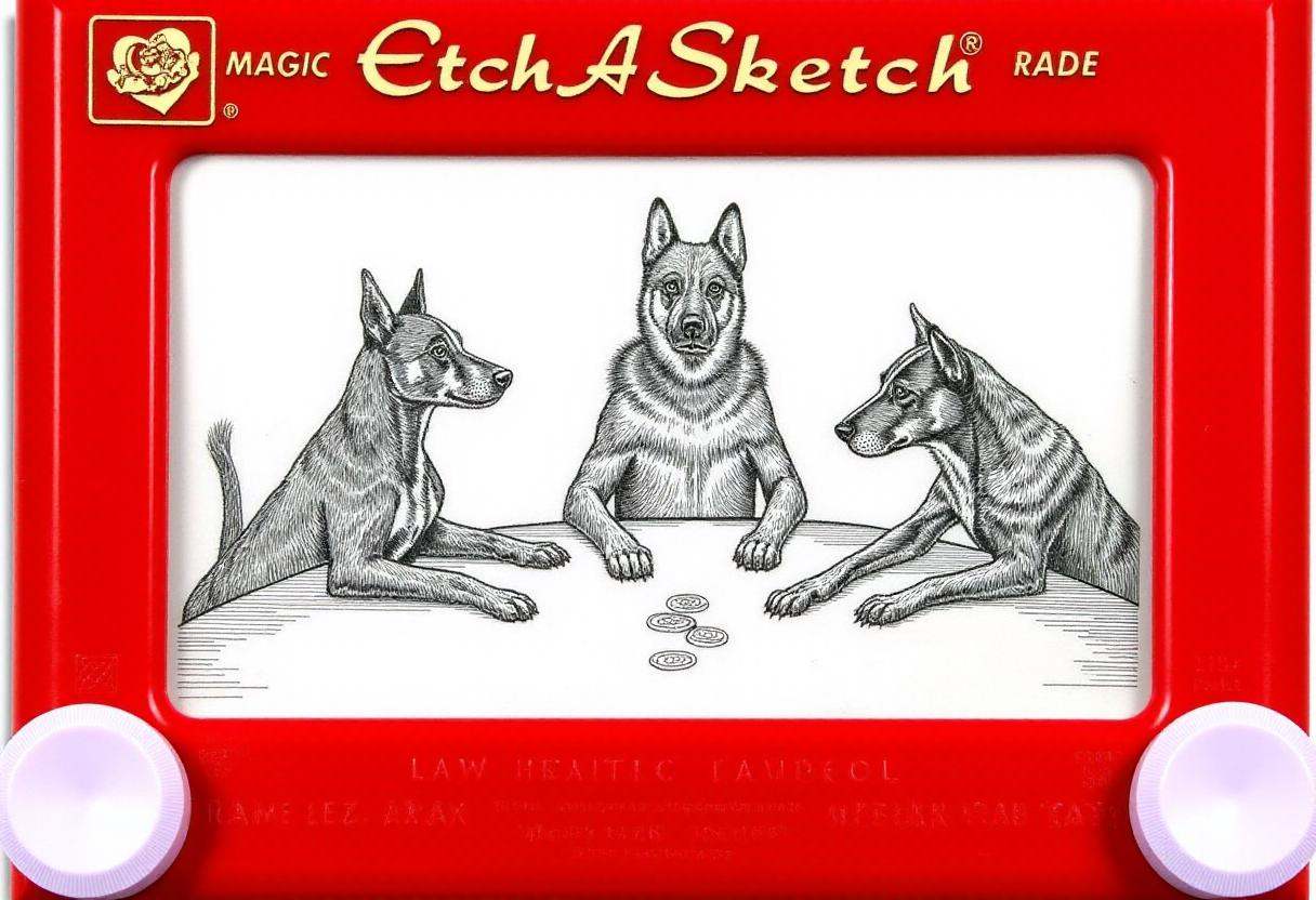 This image is a photograph of a drawing made on a red Etch A Sketch screen,  a classic toy drawing toy. The drawing depict...