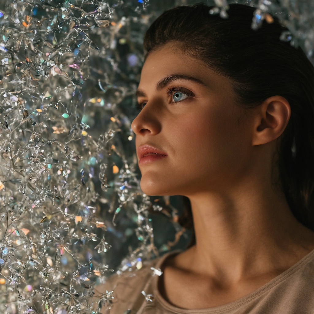 A close-up portrait of alexandra_daddario,  captured in a side profile. She is surrounded by a flurry of shimmering,  irid...