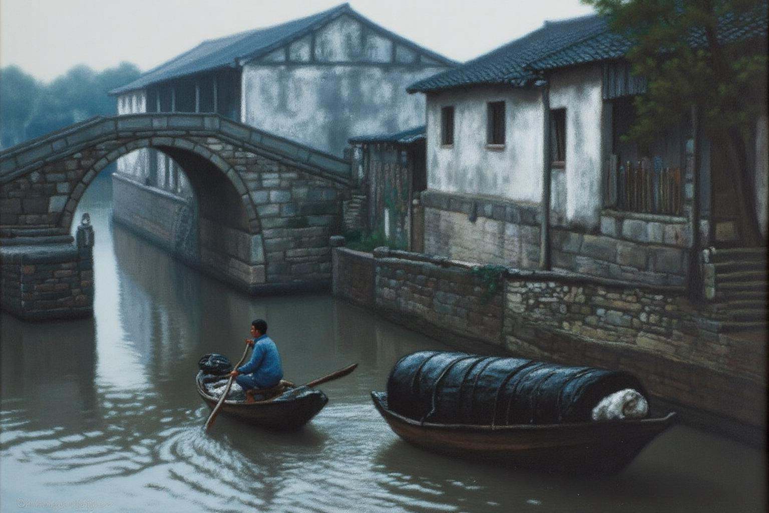 chenyifei2 painting.A serene canal scene in a traditional village in Southern China. A fisherman rows a narrow,  flat-bott...