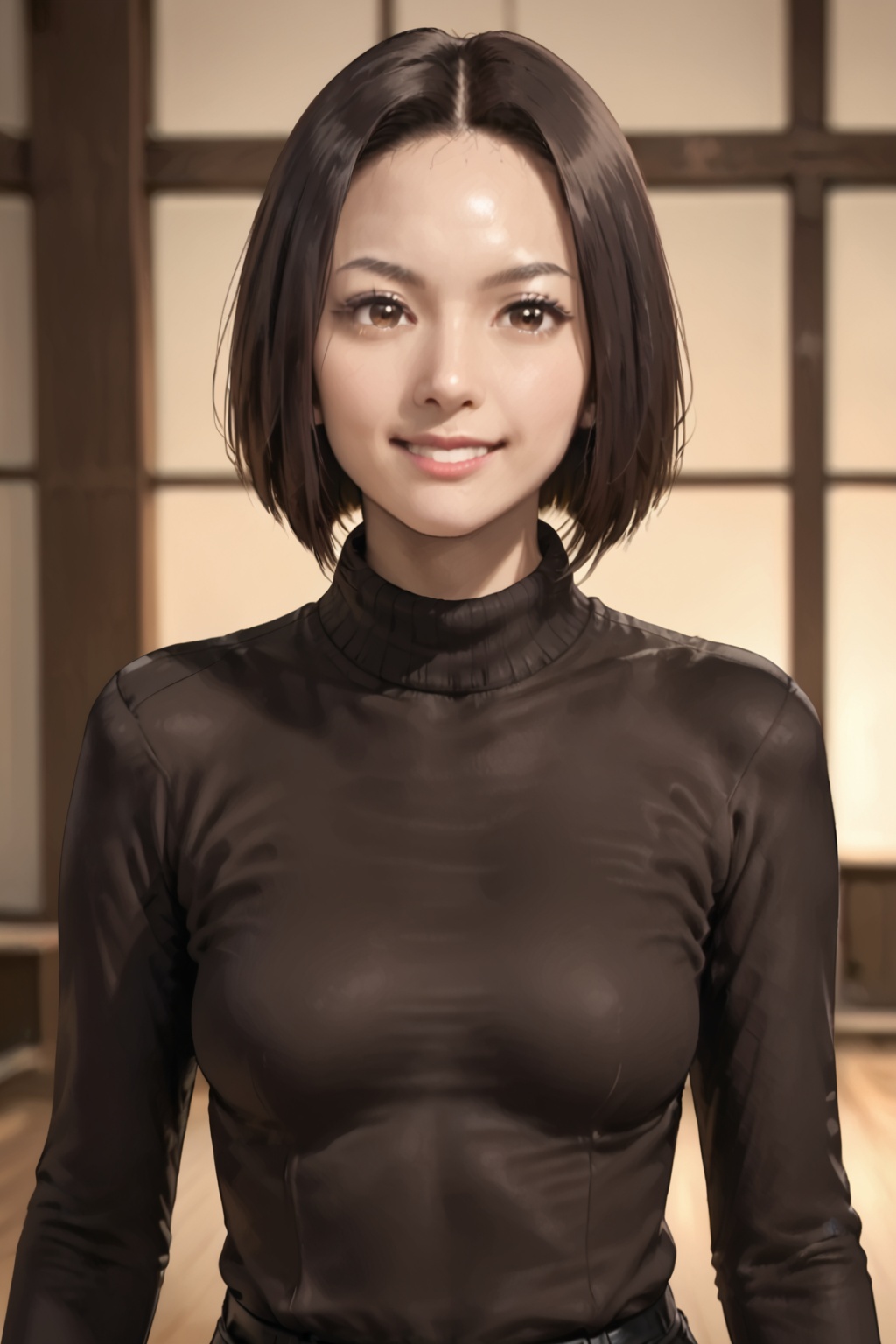 Shiori Hiraki,short hair, brown hair, black hair, brown eyes,lips, realistic, 1girl, solo, smile, forehead<lora:平木詩織:0.8>