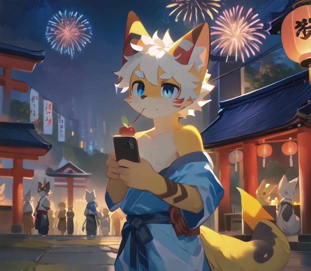 A boy with a fox mask on his forehead and a collarbone-length haircut with messy curls dons cat ears,his red and blue eyes gleaming amidst thick eyebrows. A scar adorns his nose as he gazes upwards,doggy eyes locked onto the night sky filled with fireworks. His orange scrubbed white hair flows in the gentle breeze,exposing his right shoulder as he stands barefoot near a torii gate at a lively festival. In one hand,he holds a handheld apple candy,while the other weaves feathers for a shrine. A bandaid wraps around his leg,and a bichu tail hangs down behind him. The cityscape sprawls out in the distance,illuminated by the vibrant lights of the festival.,