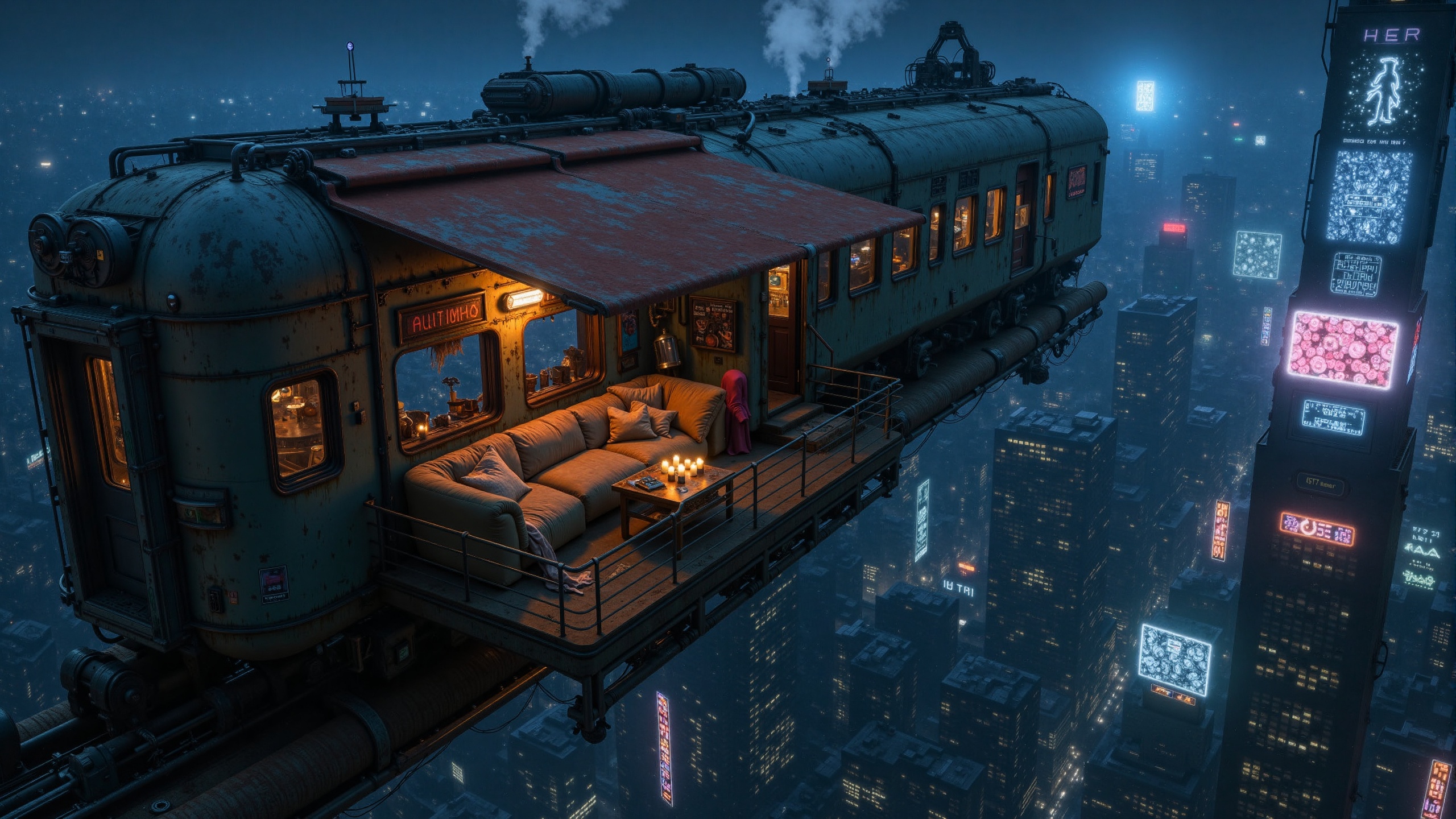 au2,  The image is a digital art piece that appears to be a futuristic cityscape at night. The background is a dark blue s...