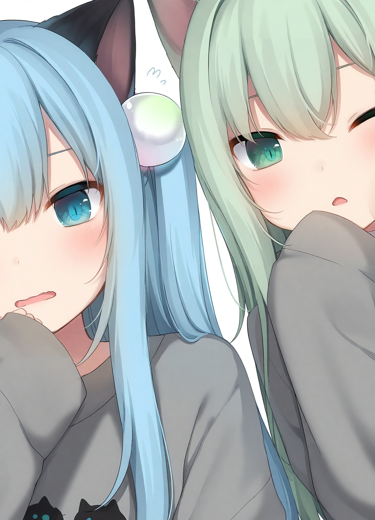 masterpiece, best quality, amashiro_natsuki,suichan_\(amashiro_natsuki\) or nekohashizuku_\(amashiro_natsuki\),paw_in_eyes,face, slit pupils,sleeves_past_wrists, multiple_girls, animal_ears, 2girls, green_eyes, blue_hair, blue_eyes, long_hair, one_eye_closed, white_background, long_sleeves, hair_between_eyes, flying_sweatdrops, parted_lips, bangs, cat_ears, shirt, simple_background, upper_body, grey_shirt, green_hair, cropped_torso, blush, sleeves_past_fingers, heads_together, grey_sweater, wavy_mouth, very_long_hair, cheek-to-cheek, one_side_up, hand_up
