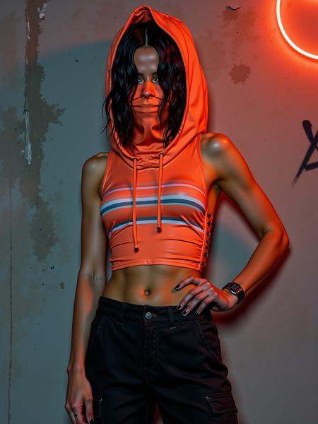 front view of a woman wearing mad-cbrpnkhd01 sleeveless striped crop-top with neon orange,  hood up,  black cargo pants on...