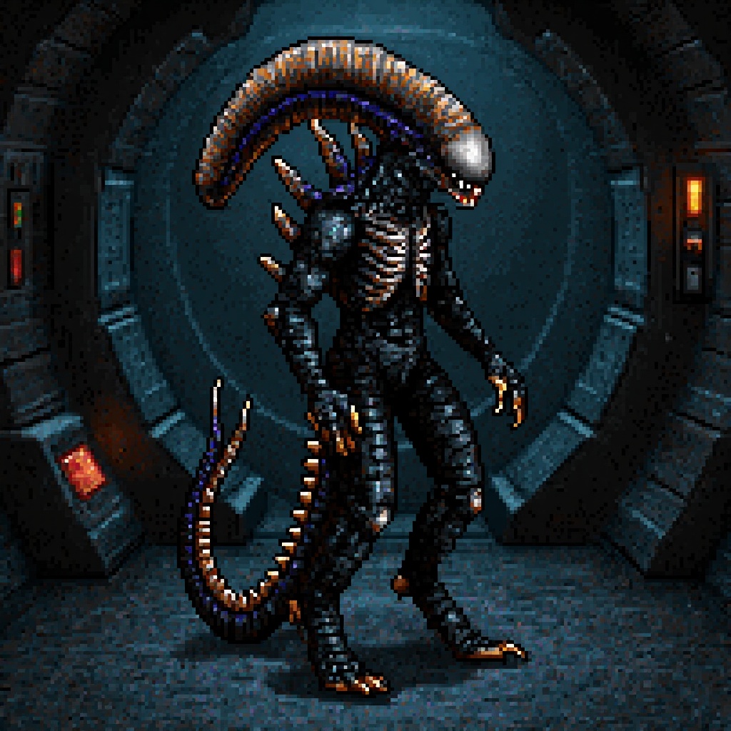 Original HoMM2 style full-height creature. Alien Xenomorph on a spaceship background. by Tracy Iwata on Tensor.Art