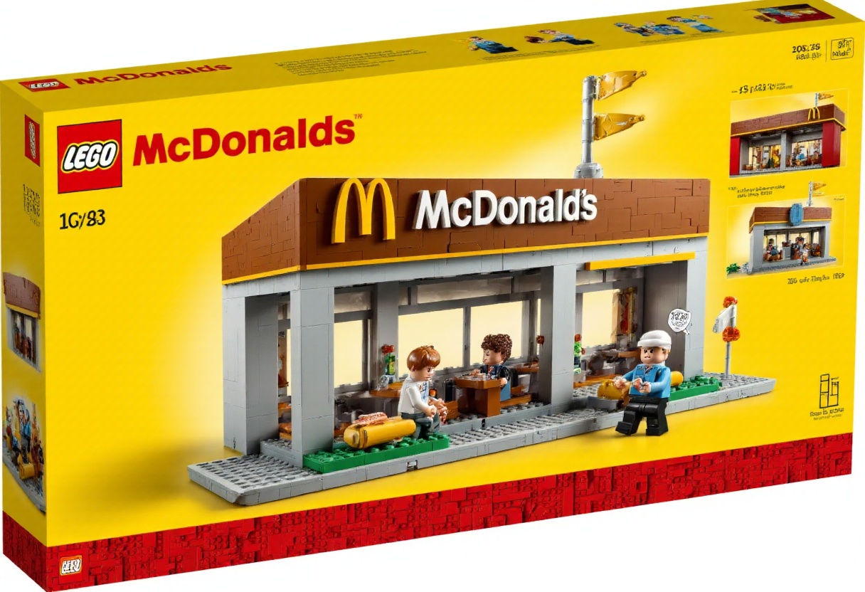 This image is a photograph of a LEGO box for the "McDonalds" set. The box features a predominantly yellow design with a pr...