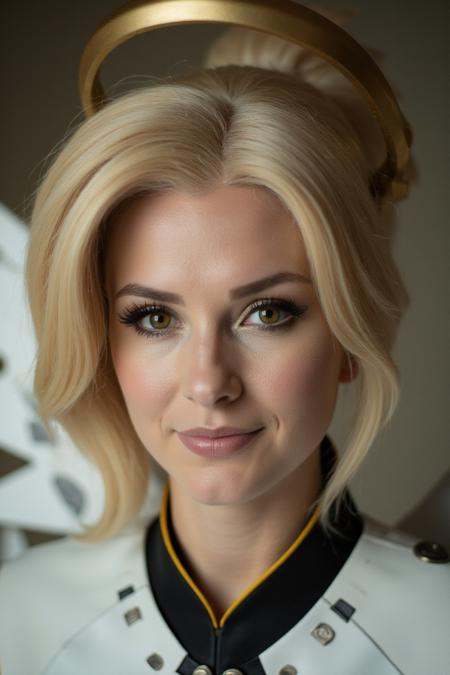 Mercy,  a blond woman with a halo and wings,  closeup face portrait. Professionnal photography. detailed eyes and skin. on...