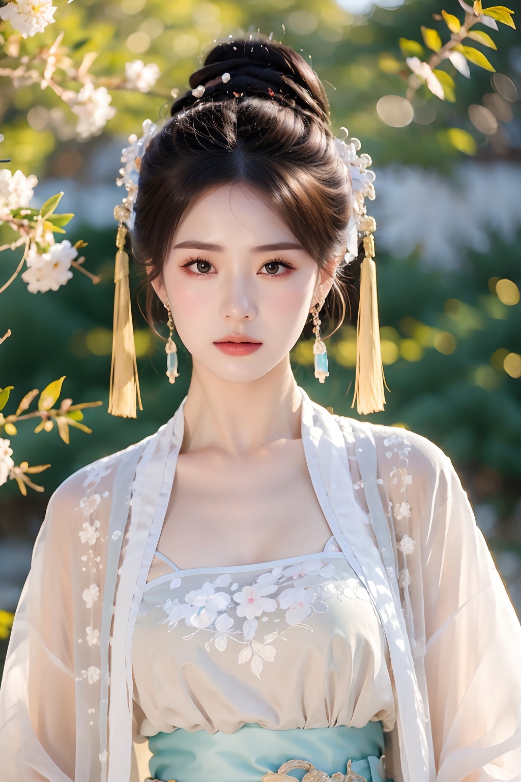 1girl,solo,jewelry,weapon,long hair,earrings,sword,upper body,chinese clothes,hair ornament,necklace,dress,embers,yellow dress,black hair,sash,hair bun,looking at viewer,closed mouth,sheath,single hair bun,brown hair,long sleeves,