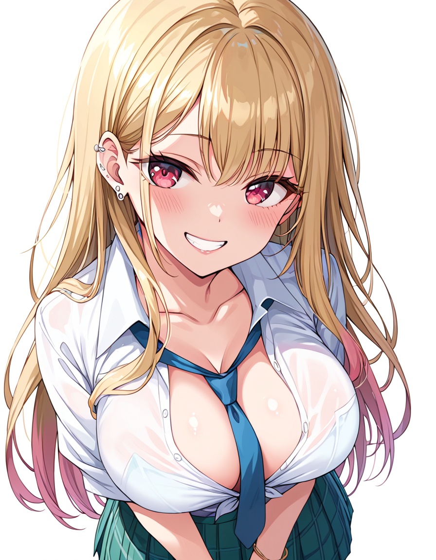 kitagawa marin,  POV view from above. A young girl named kitagawa marin with long blonde hair and red eyes wearing a white...