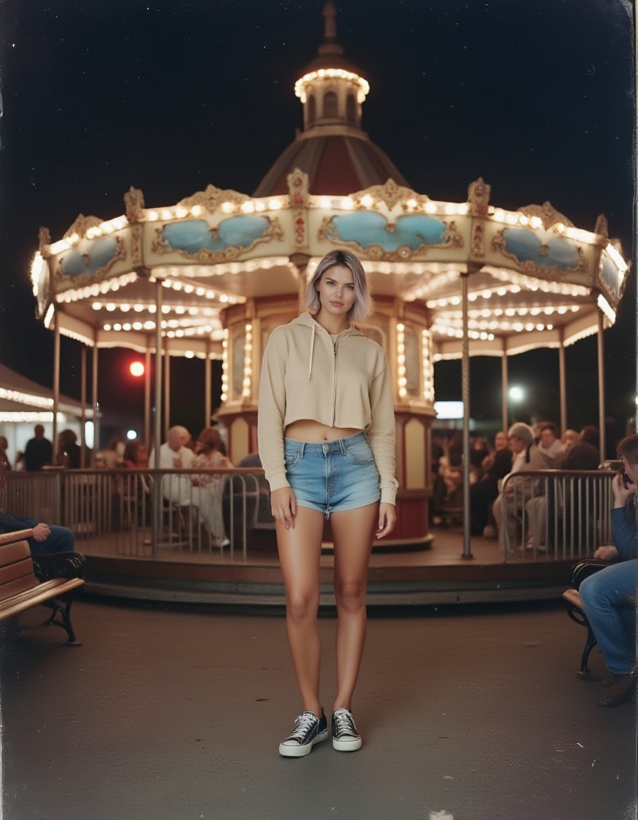 a analogstyle girl,  h3l3nlush . The image shows her standing in front of a carousel at night. She is wearing a beige crop...