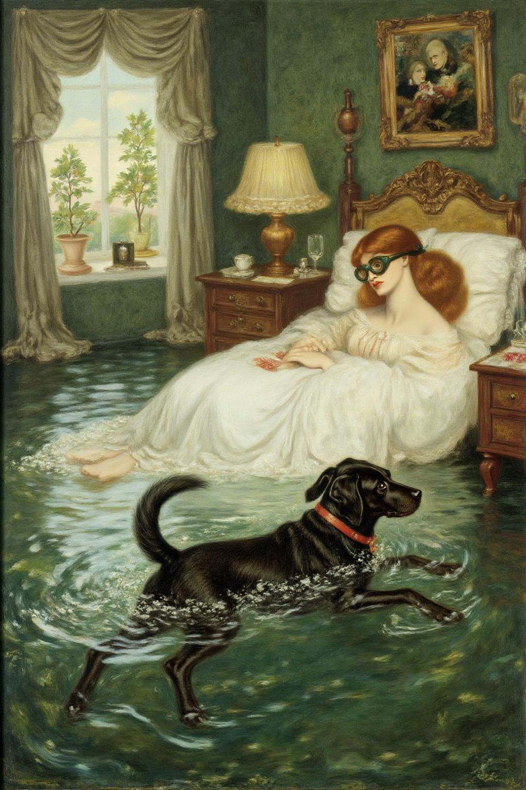 dgr painting.A late 19th-century Victorian era scene inside elegant room. a woman and her dog swimming in a bedroom comple...