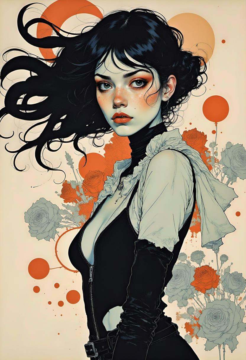 A digital illustration featuring a beautiful pinup,  art by Ben Templesmith & Russ Mills on Tensor.Art