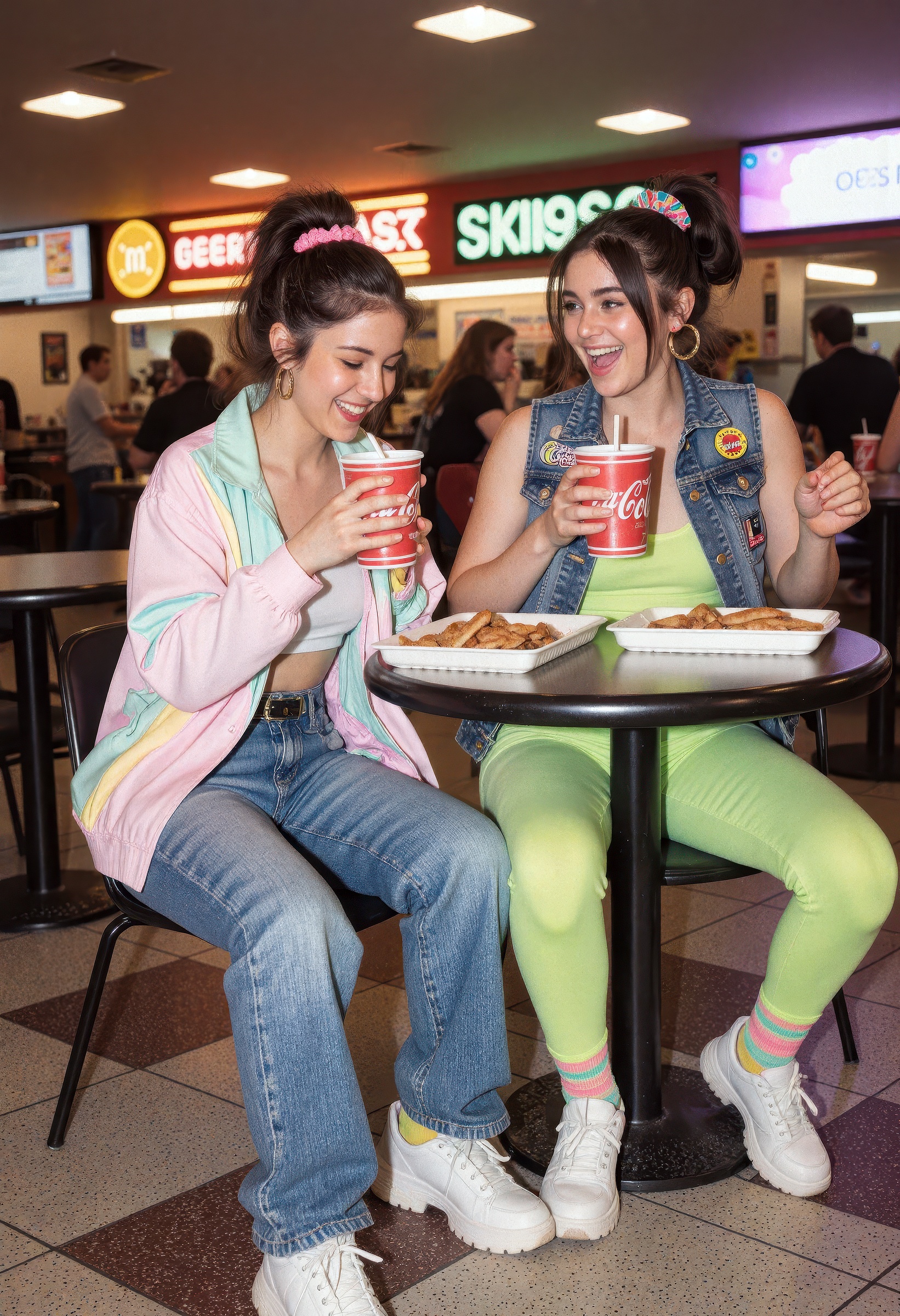 Ultra-realistic 8k editorial photo of two stylish young women in a lively 1980s shopping mall food court,  dressed in clas...