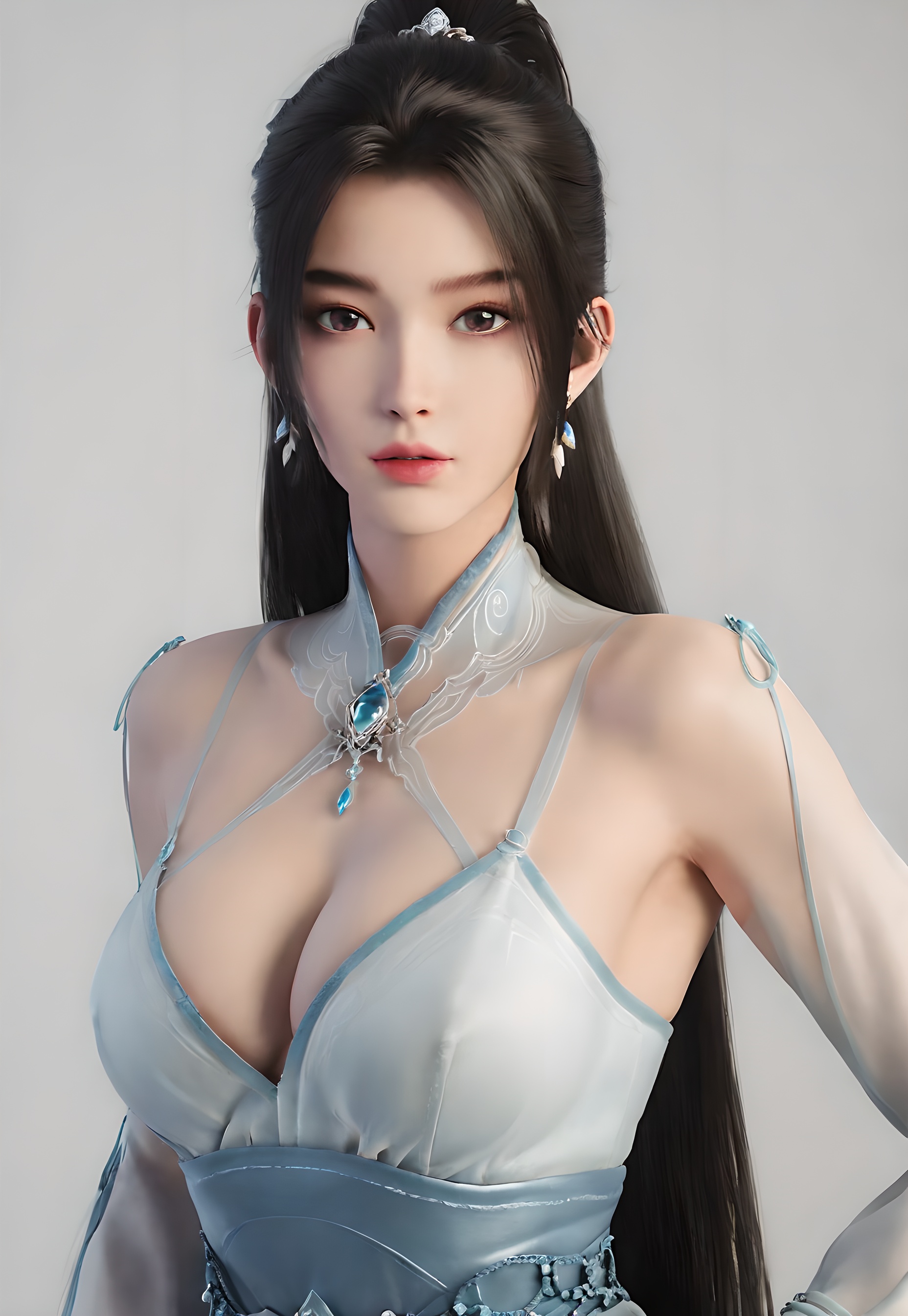 score_9,score_8_up,score_7_up,incredibly absurdres,<lora:SF_NingYao_Pony-000005:0.7>,1girl,solo,dress,large breasts,lips,jewelry,earring,long hair,looking at viewer,white background,full_shot,