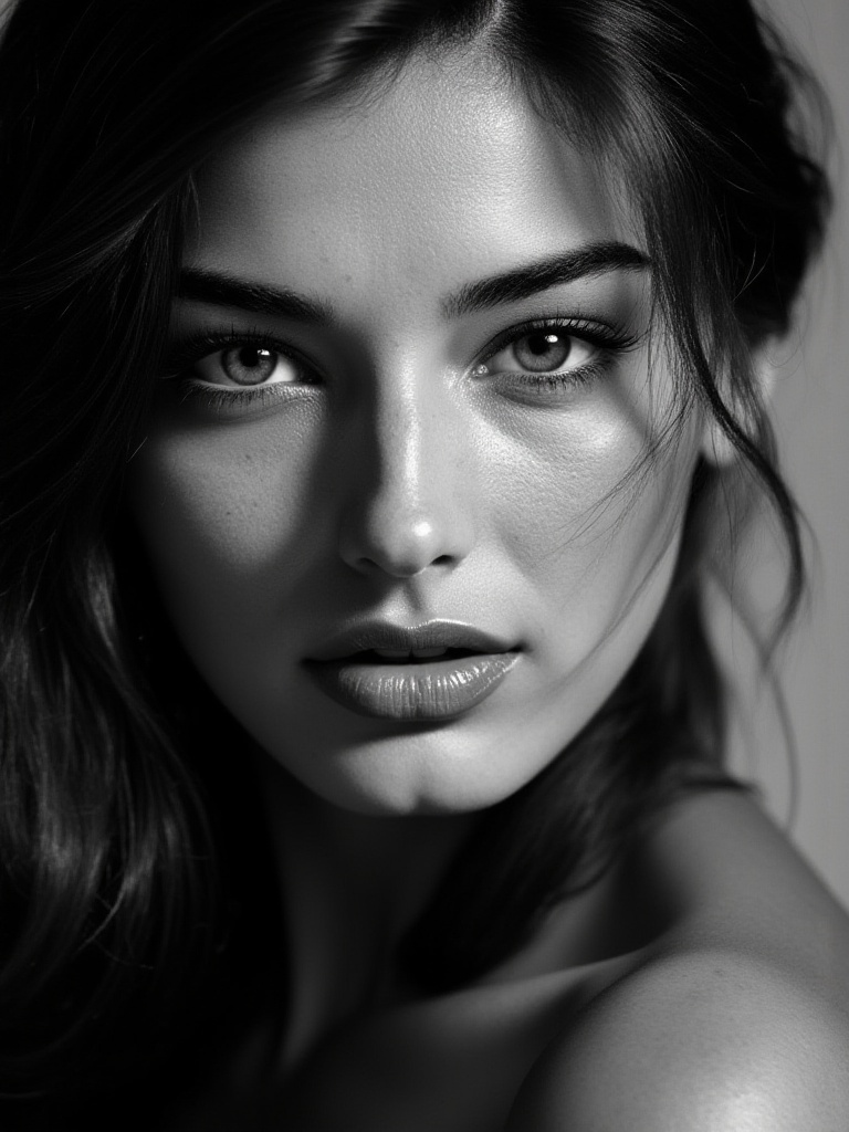 portrait,  inspired by Peter Lindbergh's photographic style,  of a woman looking directly into the camera with an intimate...