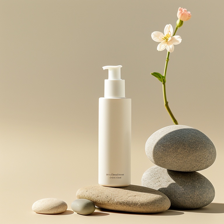 Makeup bottle, stone, flower, sunlight, minimalist background,